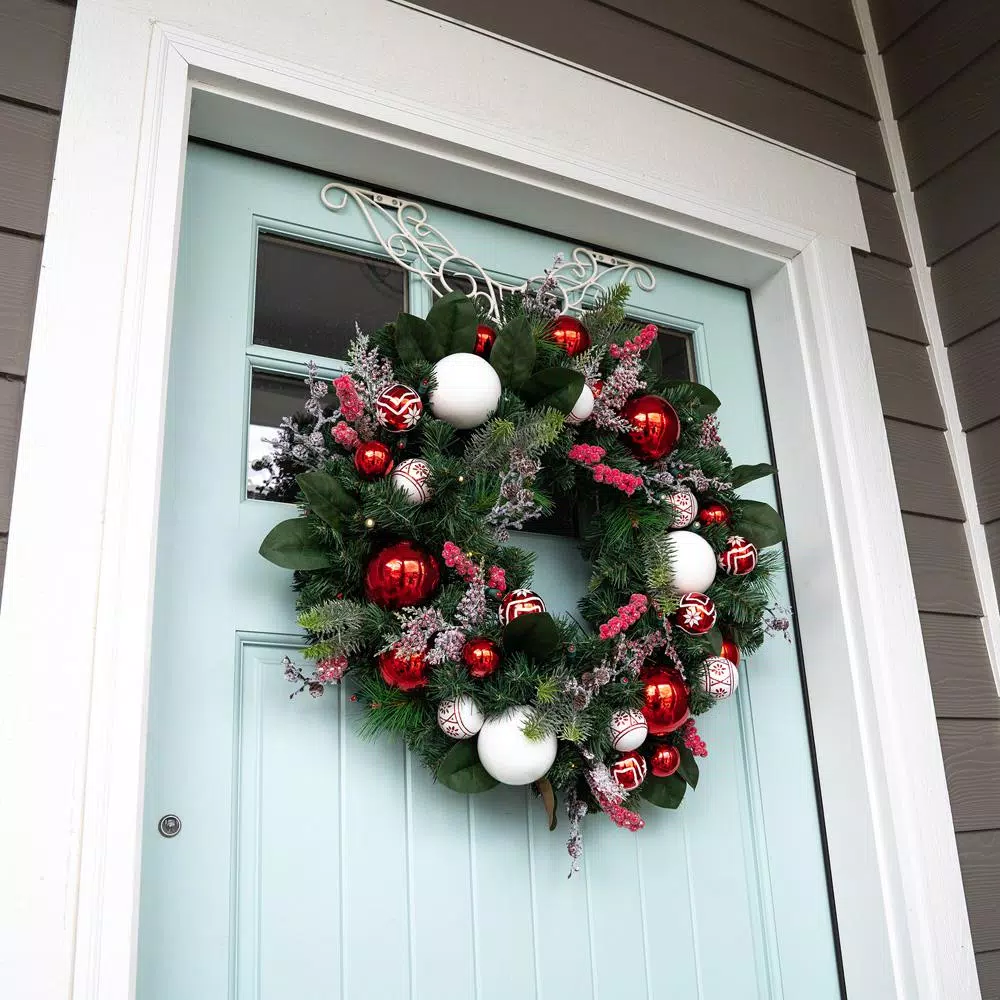Village Lighting Company 30 in. Pre-Lit LED Nordic Red and White Christmas Wreath with Remote