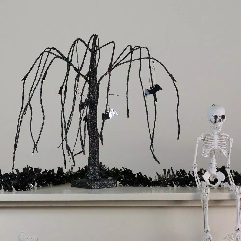 Northlight 24 in. Pre-Lit Black Glitter Halloween Cascading Willow Tree with Bats and Orange LED Lights