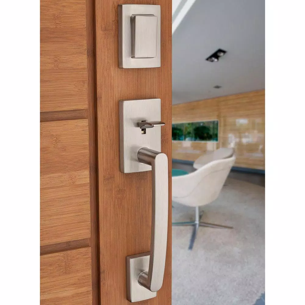 Baldwin Prestige Spyglass Single Cylinder Satin Nickel Handleset with Square Lever and SmartKey Security