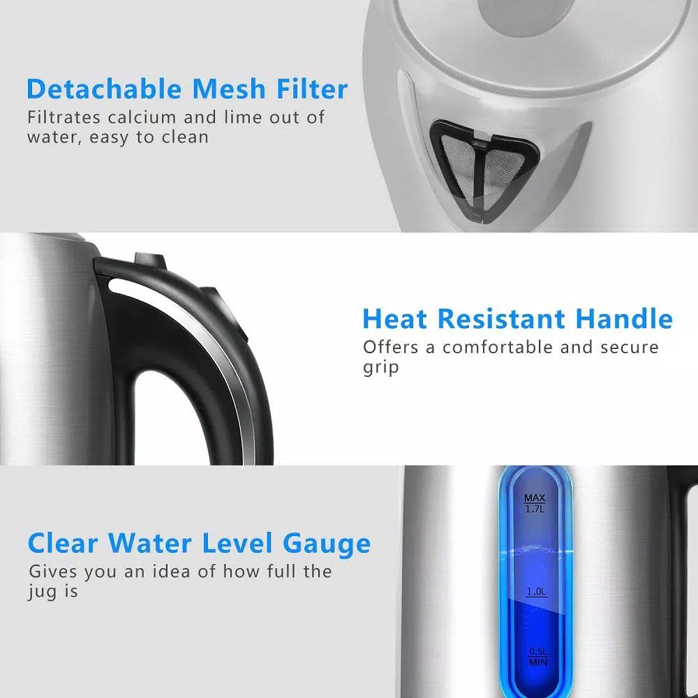 Emerald 1.7L Stainless Steel Electric Kettle with LED Light Indicator, 7.18 Cup Capacity
