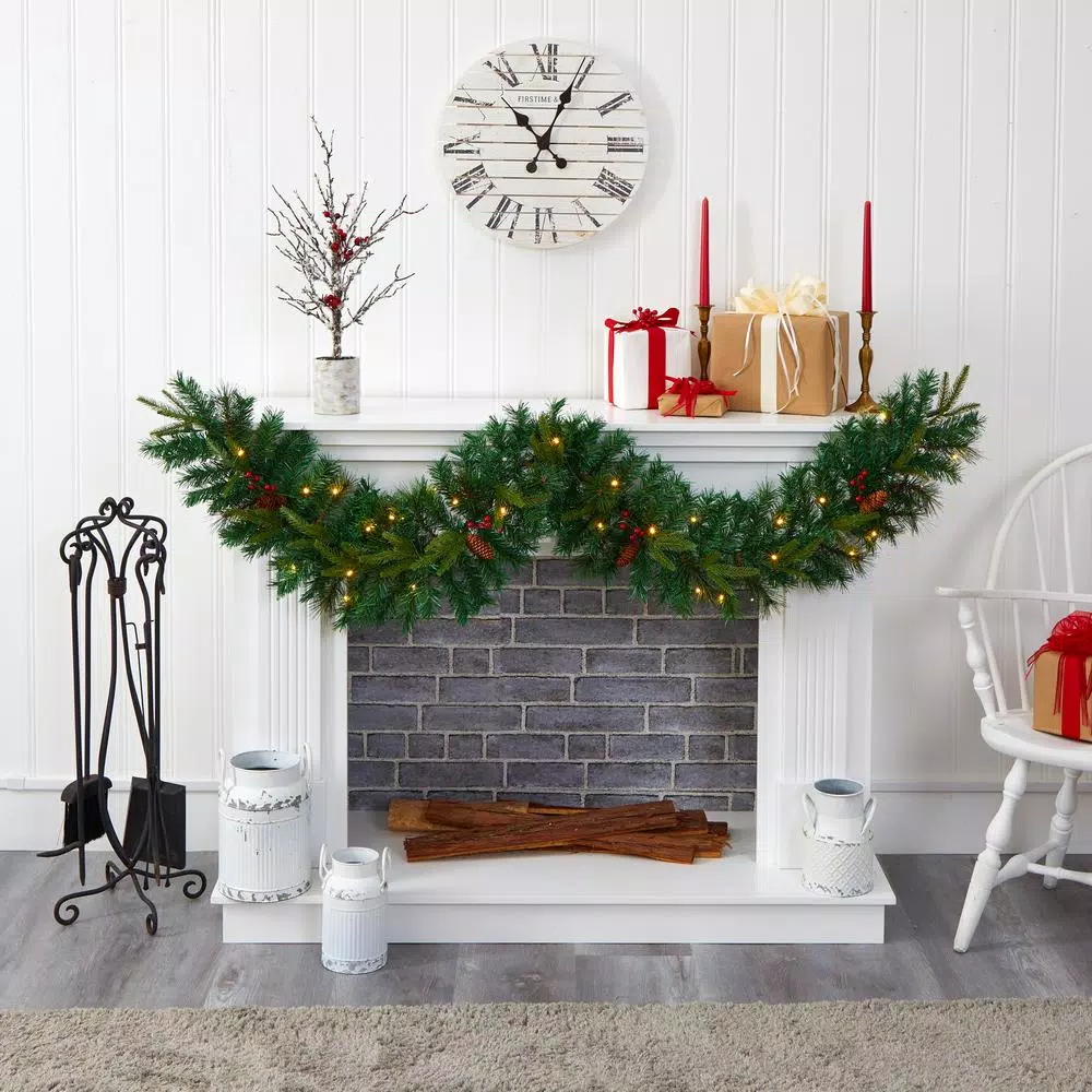 Nearly Natural 6 ft. Pre-lit Mixed Pine Artificial Christmas Garland with LED Lights, Berries and Pinecones