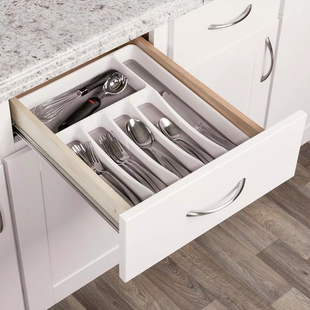 Real Solutions for Real Life White Plastic 6-Compartment Utensil Drawer Organizer Tray