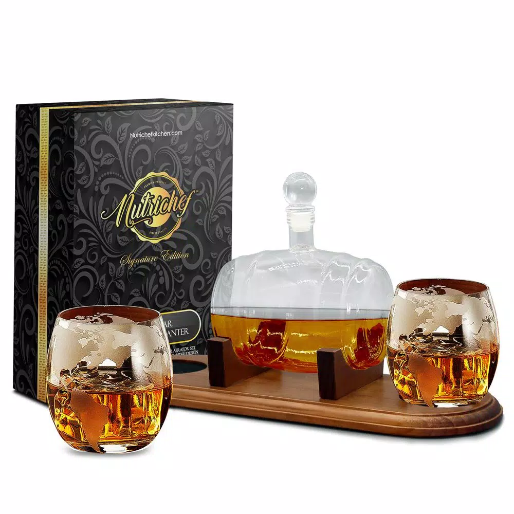 NutriChef 25 oz. Glass Wine and Whiskey Decanter Aerator Set with 2 Whiskey Glasses and Base Stand