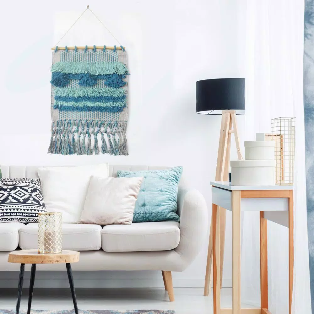 LR Home Coast Gray & Teal Fringed Tufted Cotton Wall Tapestry - Bohemian Coastal Wall Hanging
