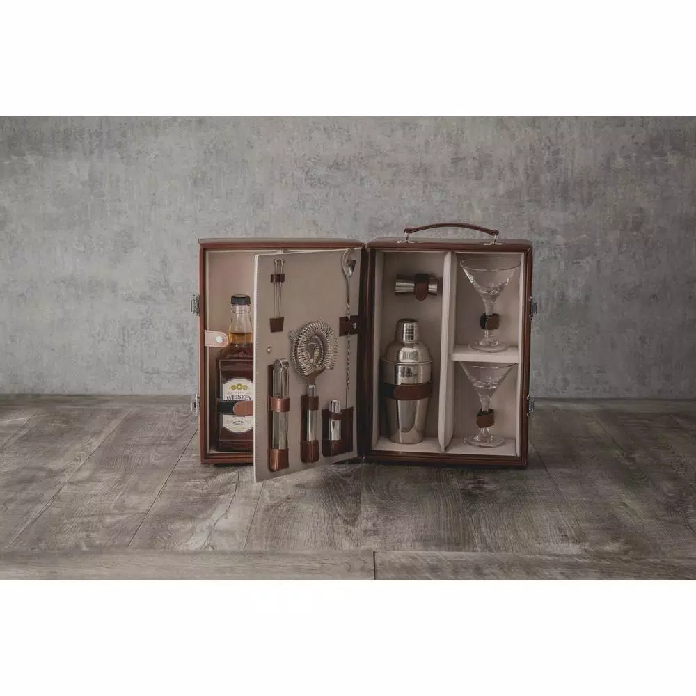 Picnic Time Manhattan Portable Cocktail Case - Mahogany Brown Leatherette Martini Set with Stainless Steel Accessories