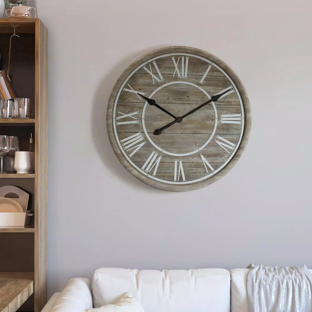 Yosemite Home Decor Rustic Age Distressed Brown Oversized 31-in Wall Clock - Industrial Wood & Metal Design
