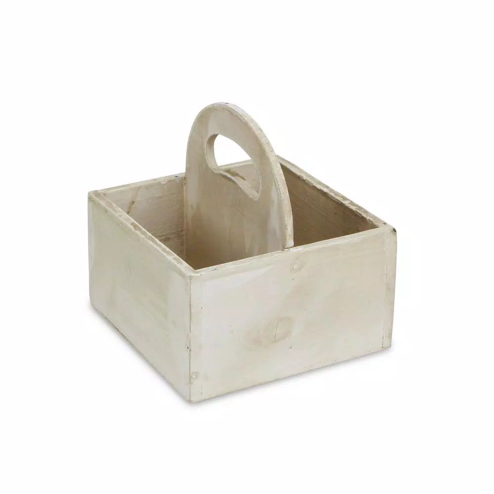 Cheungs White Wooden Square Caddy - Rustic Farmhouse Decorative Tray with Handle