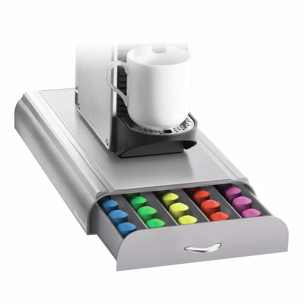 Mind Reader Anchor Silver Nespresso Coffee Capsule Drawer, 50-Capacity Pod Organizer & Machine Stand