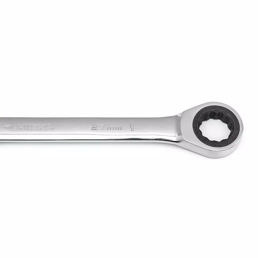 Husky 27 mm 12-Point Ratcheting Combination Wrench, 72-Tooth, Chrome Alloy Steel