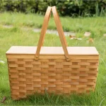 Vintiquewise Large Handwoven Woodchip Picnic Basket with Wooden Lid and White Lining thumbnail 3