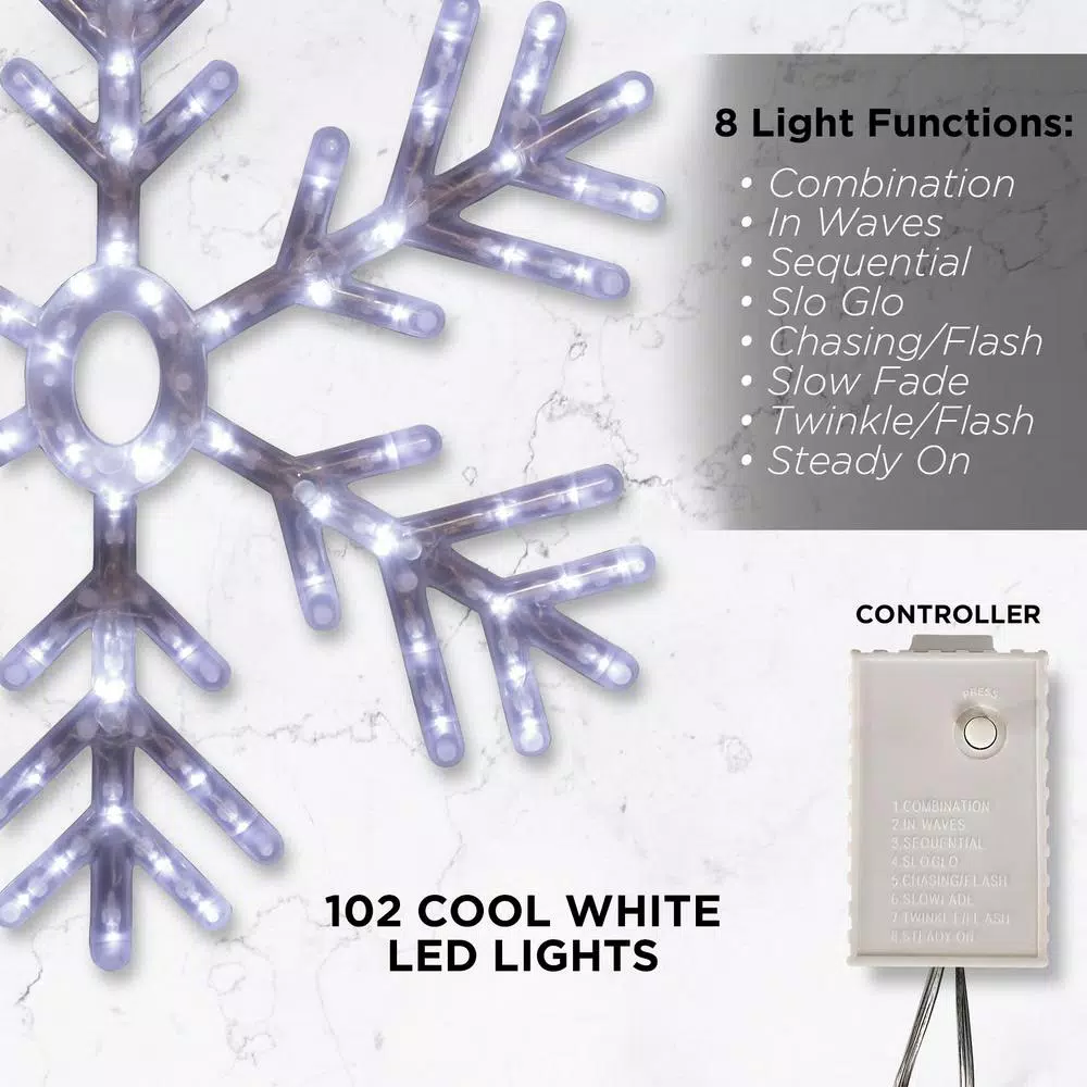 Alpine Corporation 24 in. Hanging Snowflake with 102 Cool White LED Lights