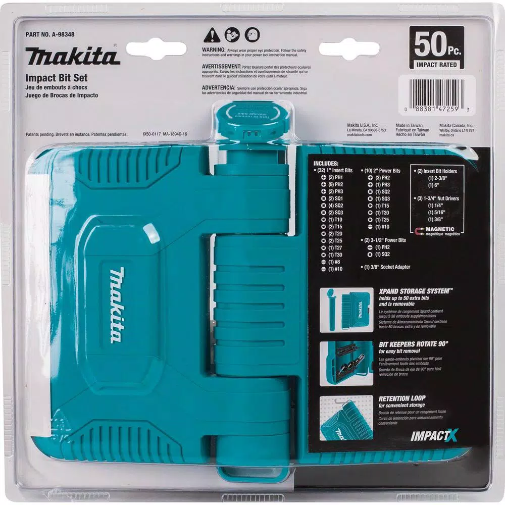 Makita ImpactX 50-Piece Impact Rated Driver Bit Set, S2 Steel Hex Shank