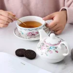 MALACASA Elegant Porcelain Tea for One Set - 3 Piece Teapot, Teacup and Saucer Set, White with Pattern thumbnail 4