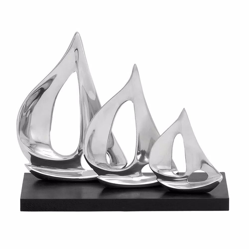 LITTON LANE 9 in. Stylized Sailboat Decorative Sculpture - Polished Silver Aluminum on Black Wood Base