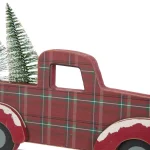 Glitzhome Merry Christmas Red Truck Wooden Table Decor with Christmas Trees thumbnail 3