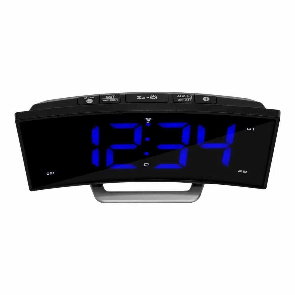 La Crosse Technology 1.8 in. Curved Blue LED Atomic Dual Alarm Clock with USB Charging Port