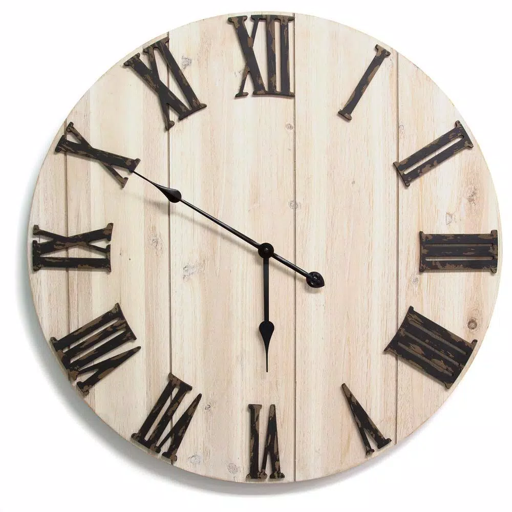 Stratton Home Decor Stratton Home Distressed White Wood Wall Clock with Antique Bronze Roman Numerals