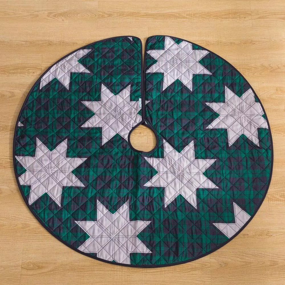 Country Living 48 in. Christmas Carol Plaid and Star Quilted Tree Skirt, Navy and Green