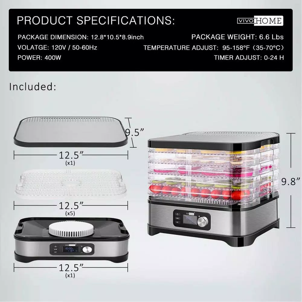 VIVOHOME 5-Tray Stainless Steel Food Dehydrator with Digital Timer and Temperature Control