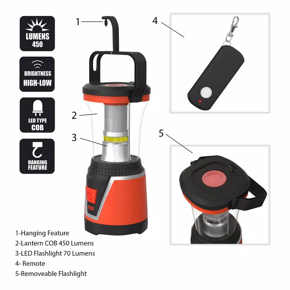 Wakeman Outdoors 2-in-1 LED Lantern and Detachable Flashlight, 450 Lumens, Red