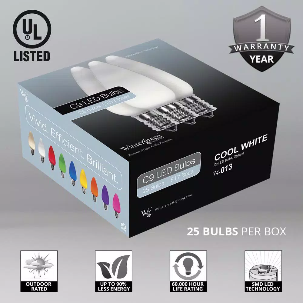 Wintergreen Lighting OptiCore C9 LED Cool White Smooth Opaque Christmas Light Bulbs, 25-Pack
