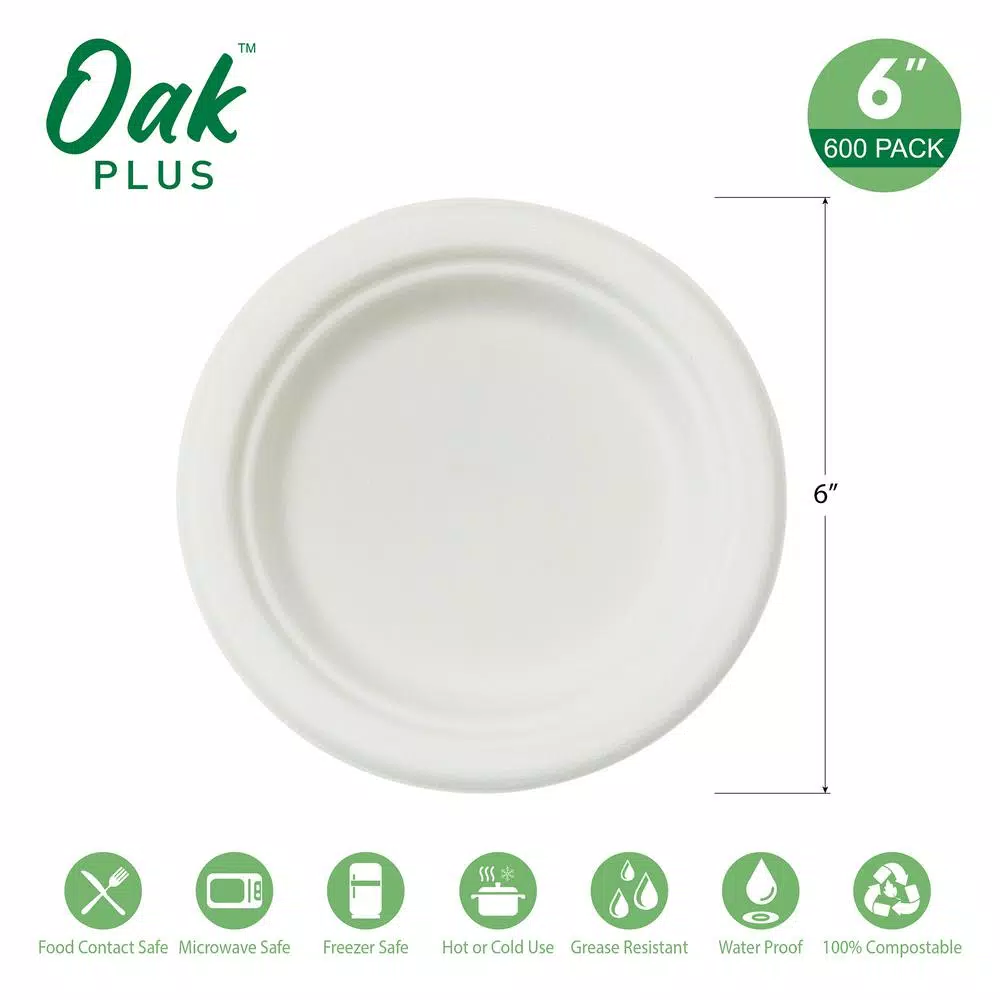 Unbranded 6 in. White Sugarcane Plates, 600 Pack - Eco-Friendly Biodegradable Disposable Plates