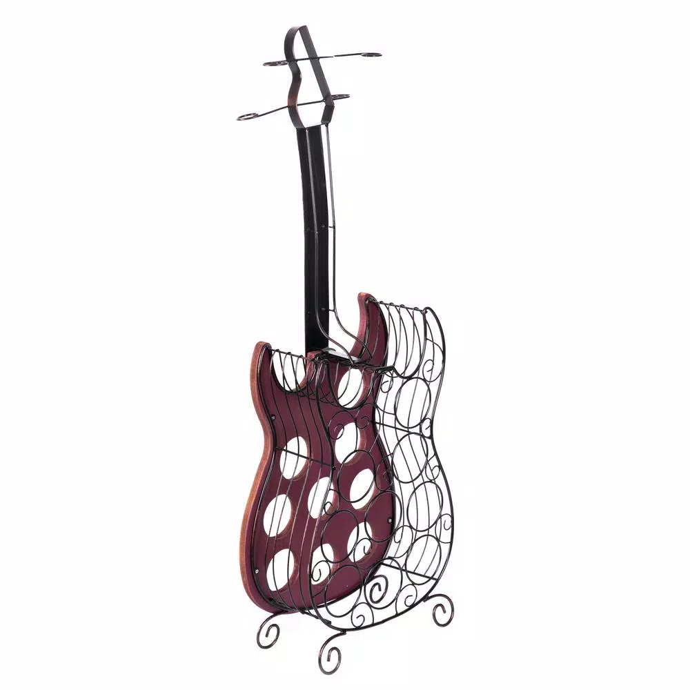 Vintiquewise Vintage Guitar Shaped Wine Holder - 9 Bottle Wood and Metal Freestanding Wine Rack with Glass Storage