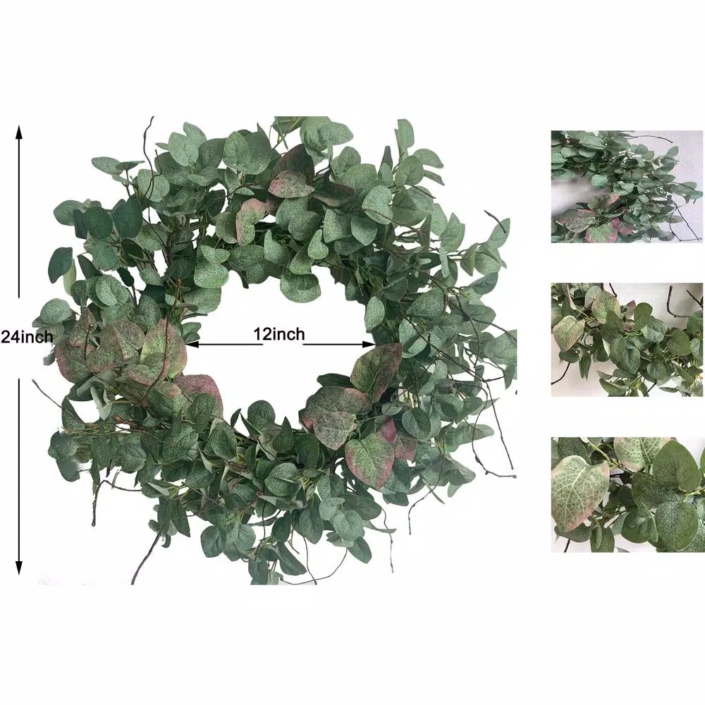 Glitzhome 24 in. Green Artificial Eucalyptus Wreath with Frosted Leaves and Grapevine Base
