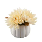 Flora Bunda 5.75 in. Cream White Faux Chrysanthemum Arrangement in Ceramic Pumpkin Pot with Gold Trim thumbnail 1