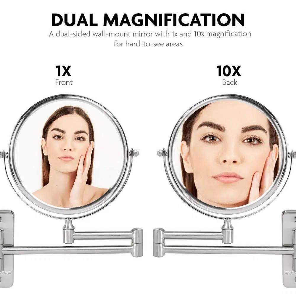 Ovente Wall Mounted Dual-Sided Makeup Mirror, 1x/10x Magnification, Brushed Nickel
