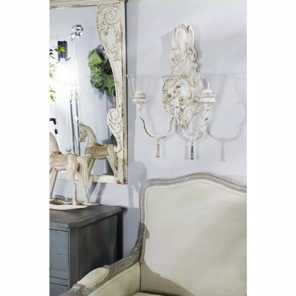 LITTON LANE Distressed White 2-Light Candle Sconce with Acanthus Carvings and Wood Bead Accents