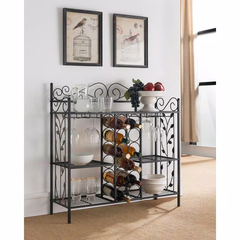 Kings Brand Furniture 12-Bottle Black Metal Console Table Wine Rack with Gold Leaf Accents and Glass Hooks