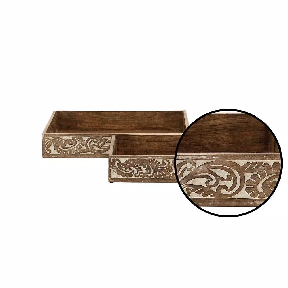 LITTON LANE Walnut Brown Vine and Leaf Decorative Wooden Trays, Set of 2