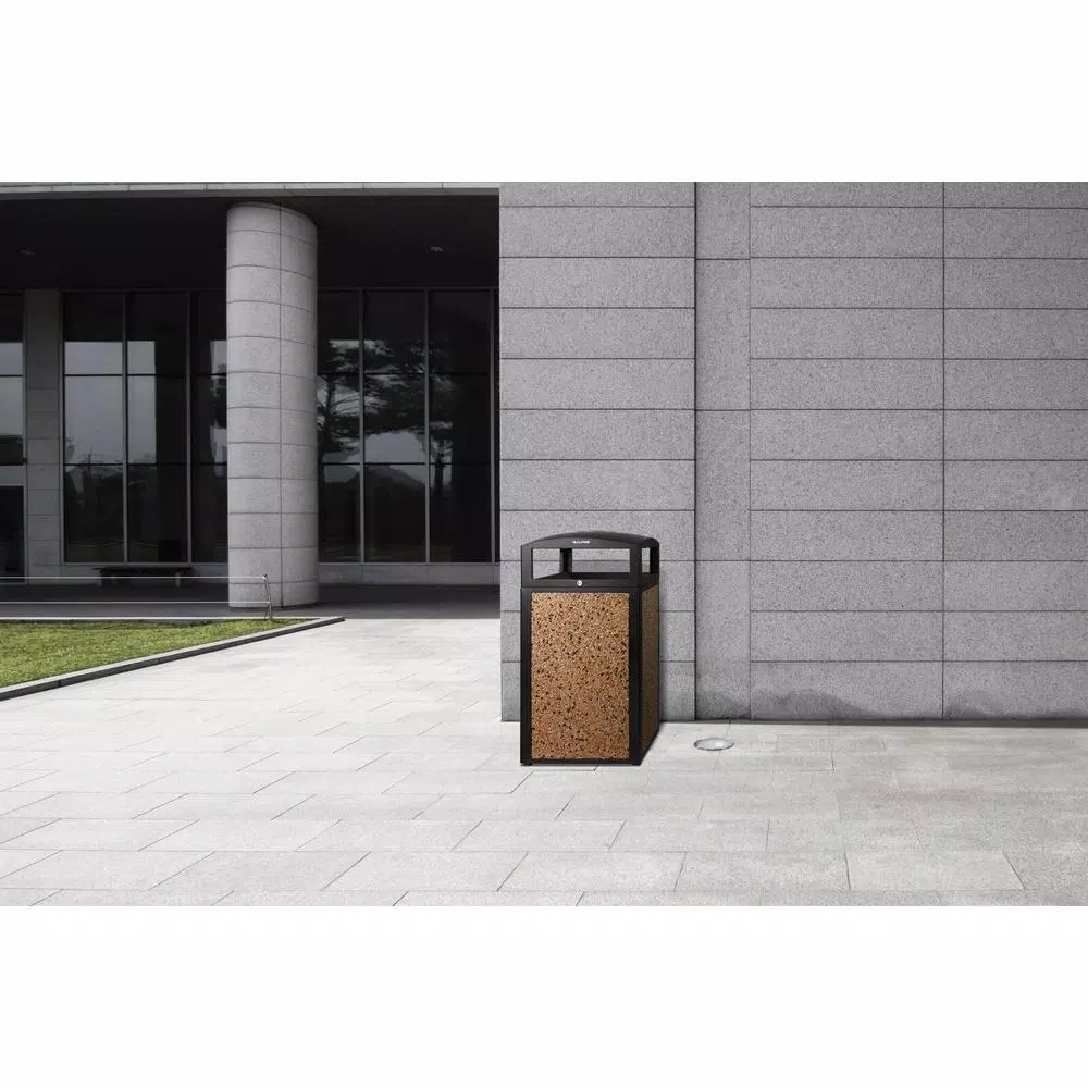 Alpine Industries 40 Gal. Steel Stone Panel Outdoor Commercial Trash Can with Lockable Lid