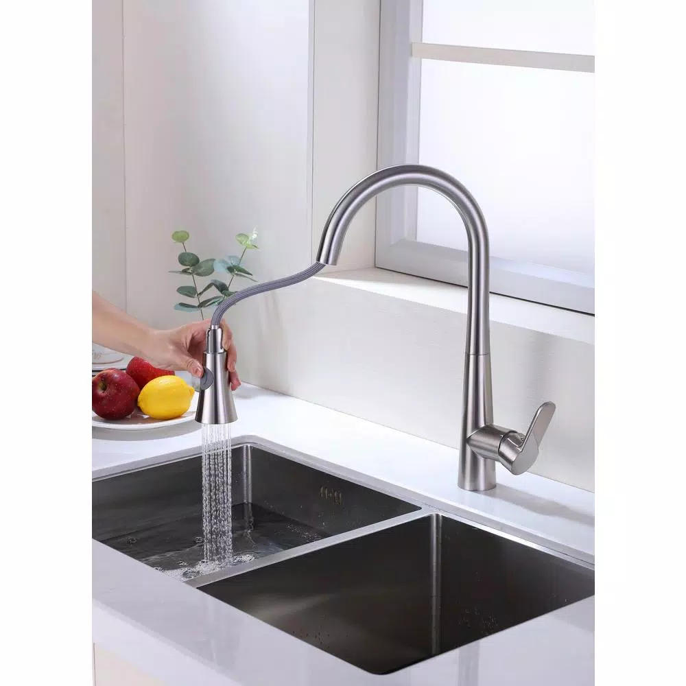 Vanity Art Brushed Nickel Single-Handle Pull-Down Kitchen Faucet with Sprayer Wand