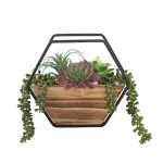 Flora Bunda 11 in. Hexagon Wood and Metal Faux Succulent Wall Planter Hanging Garden thumbnail 1