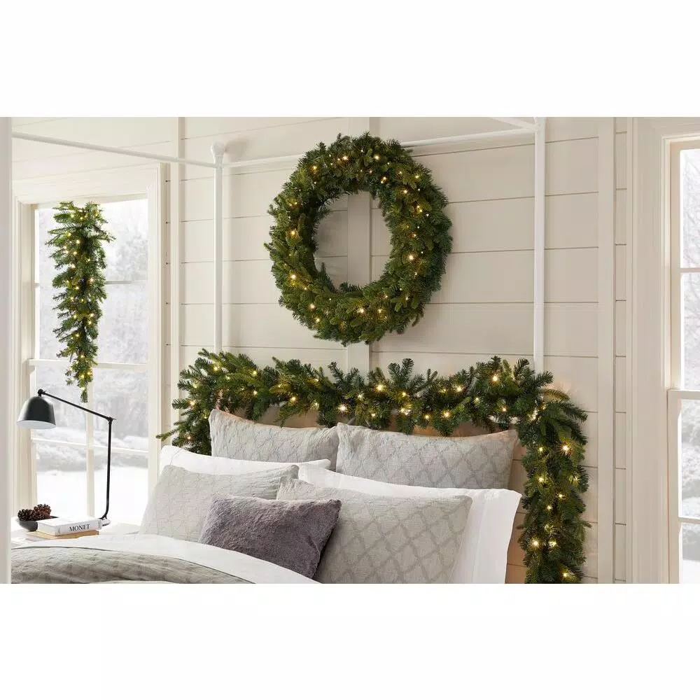 Home Accents Holiday 12 ft. Noble Fir Pre-Lit LED Christmas Garland with Timer, Warm White Micro Dot Lights