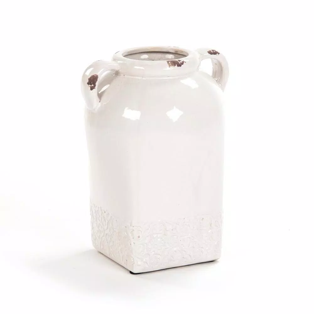 Zentique Large White Ceramic Ginger Jar Vase with Handles - Distressed Crackle Finish