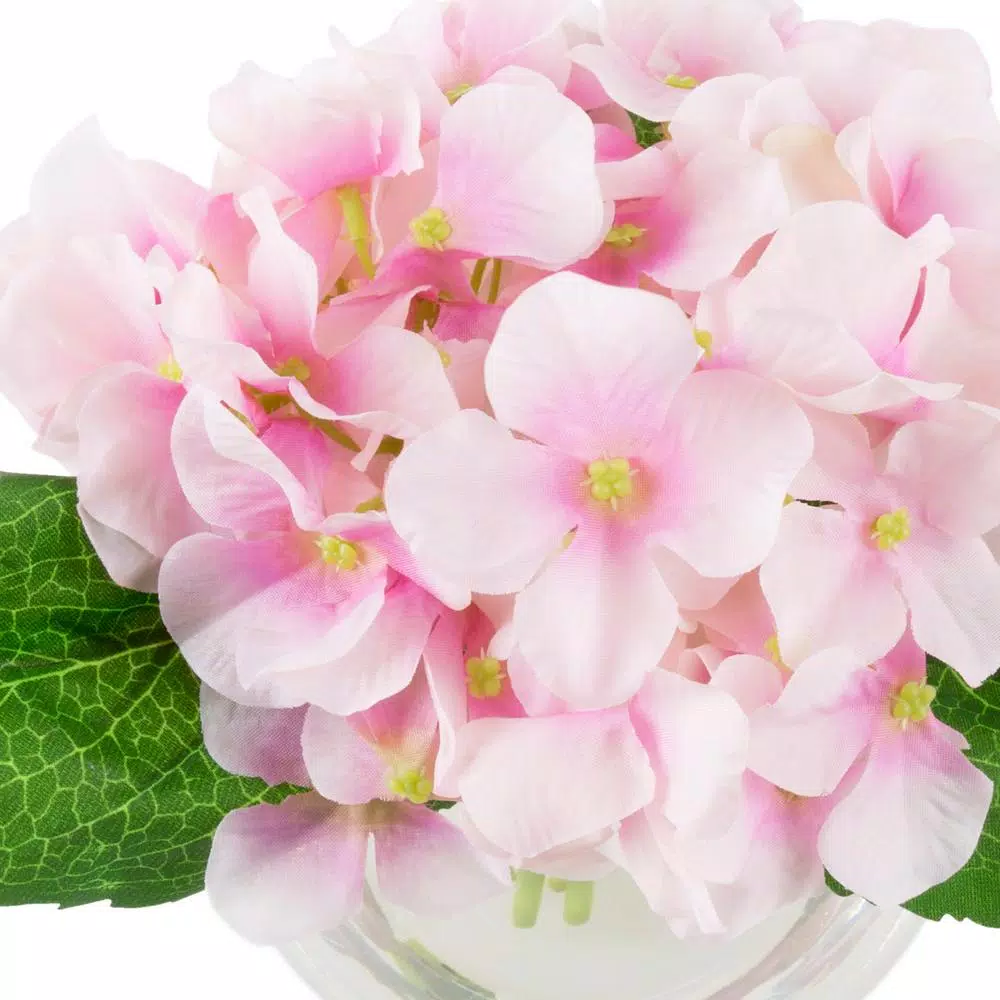 Pure Garden 7.5 in. Pink Hydrangea Artificial Floral Arrangement in Glass Vase