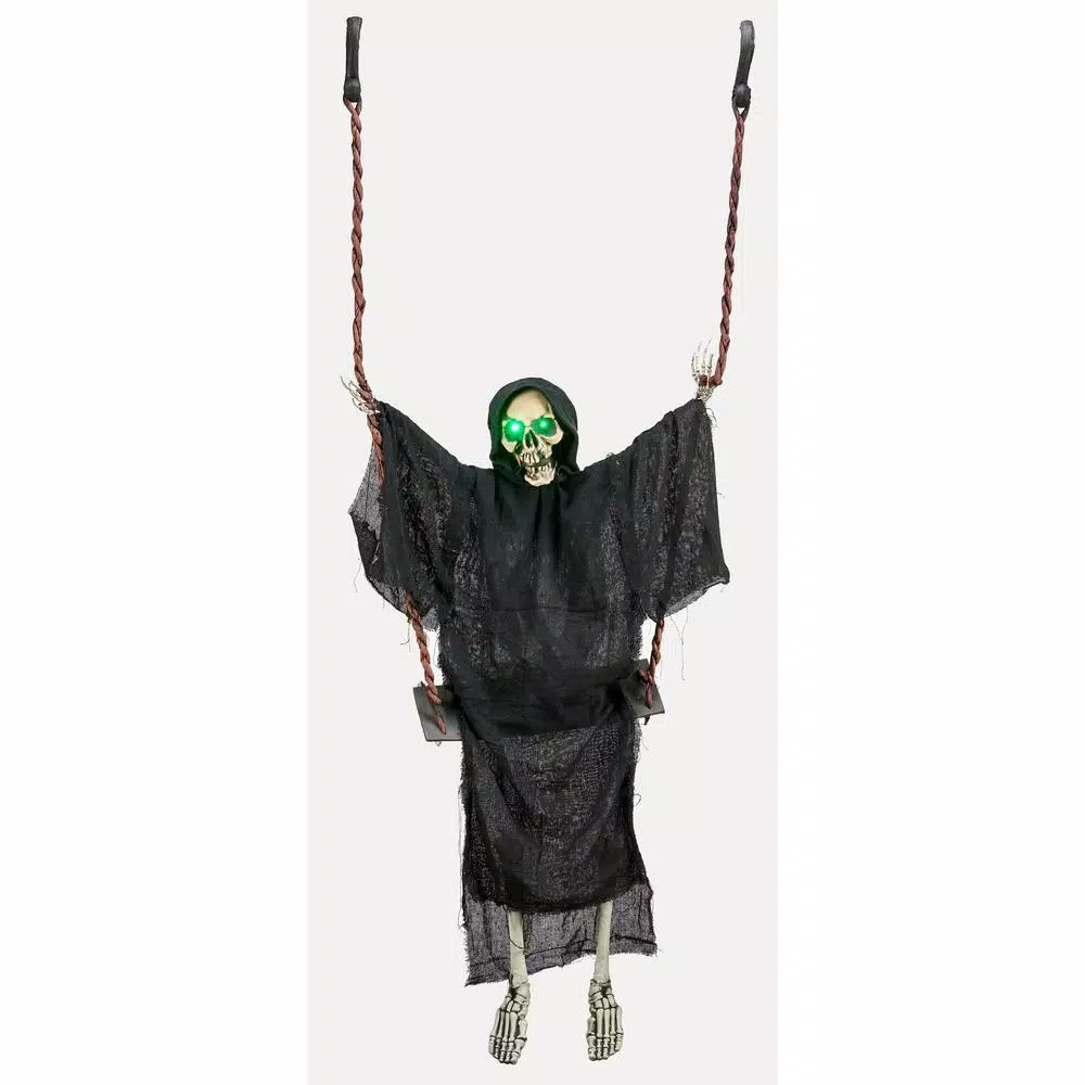 Unbranded 70 in. Animated Hanging Dressed Skeleton on Swing with Flashing Green Eyes and Spooky Sounds
