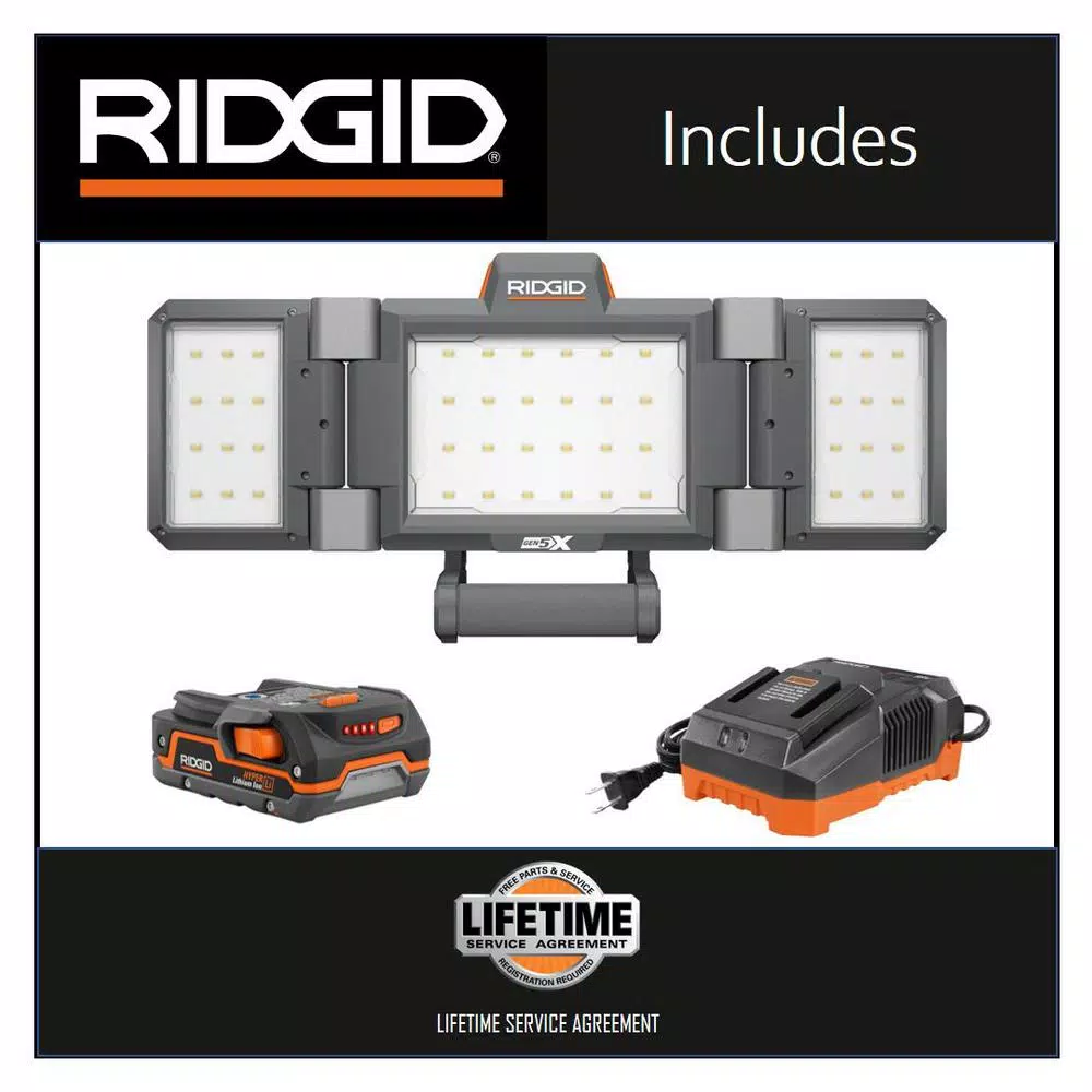 RIDGID 18V Cordless Hybrid Folding Panel Light Kit with 1.5 Ah Battery and Charger, 2500 Lumens