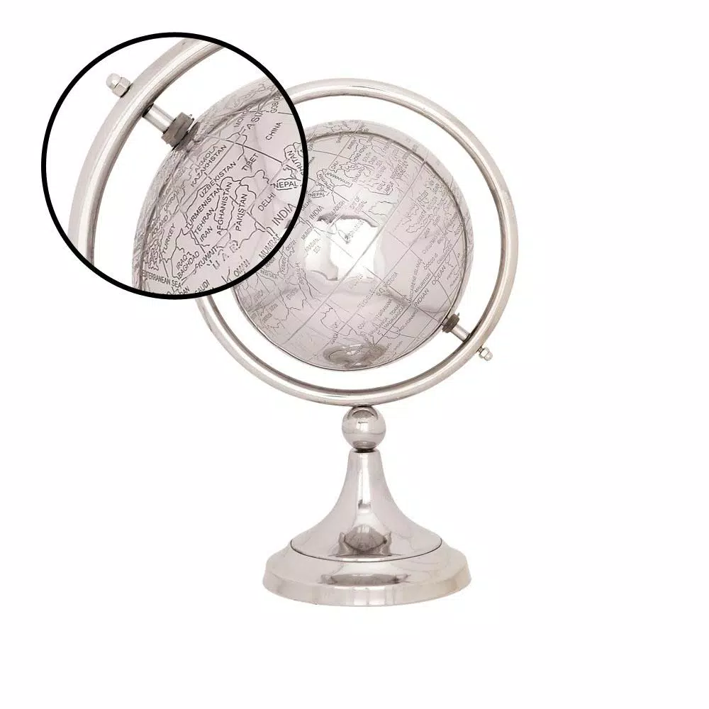 LITTON LANE 14 in. Modern Silver Globe with Axis Ring and Metal Base