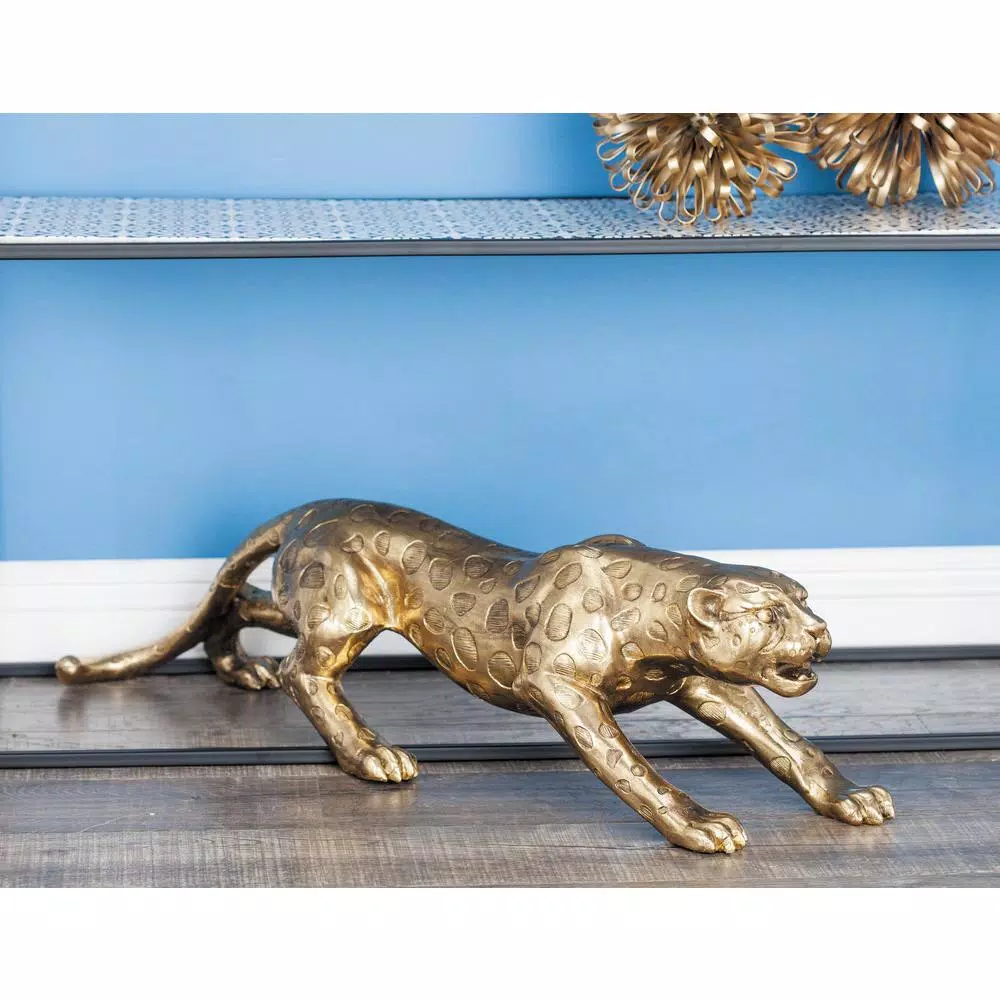LITTON LANE 34 in. Wild Life Leopard Sculpture in Polished Gold Polystone