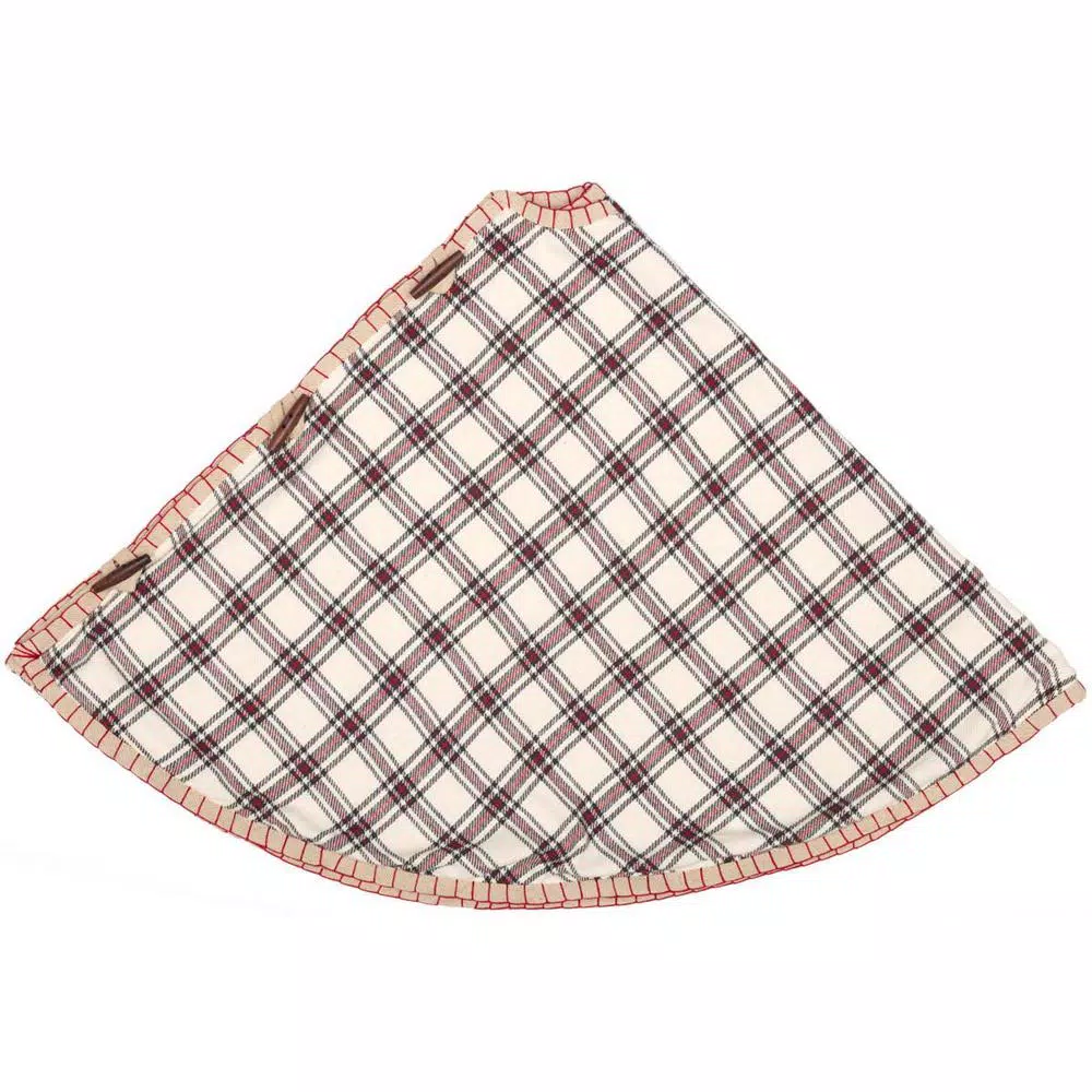 VHC Brands 48 in. Amory Ivory White and Brick Red Plaid Farmhouse Christmas Tree Skirt