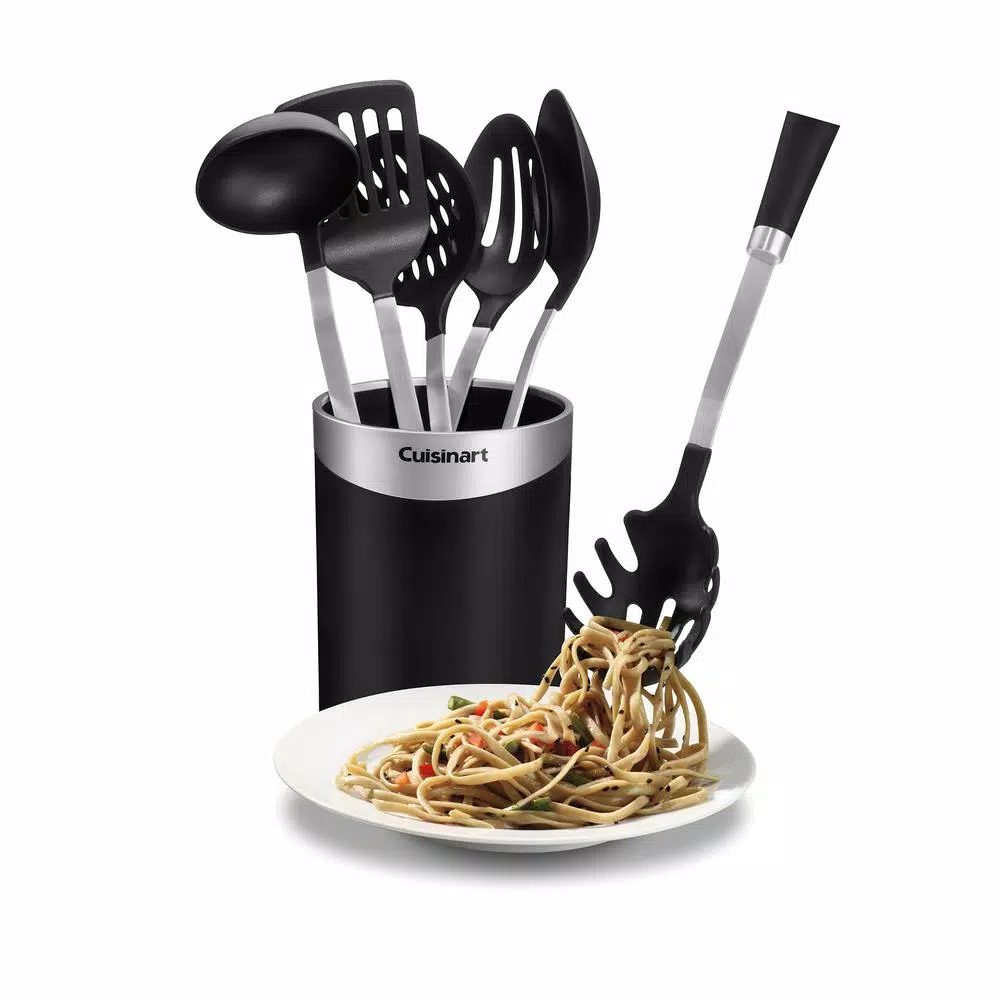 Cuisinart 7-Piece Stainless Steel Kitchen Utensil Set with Barrel Handle and Storage Crock