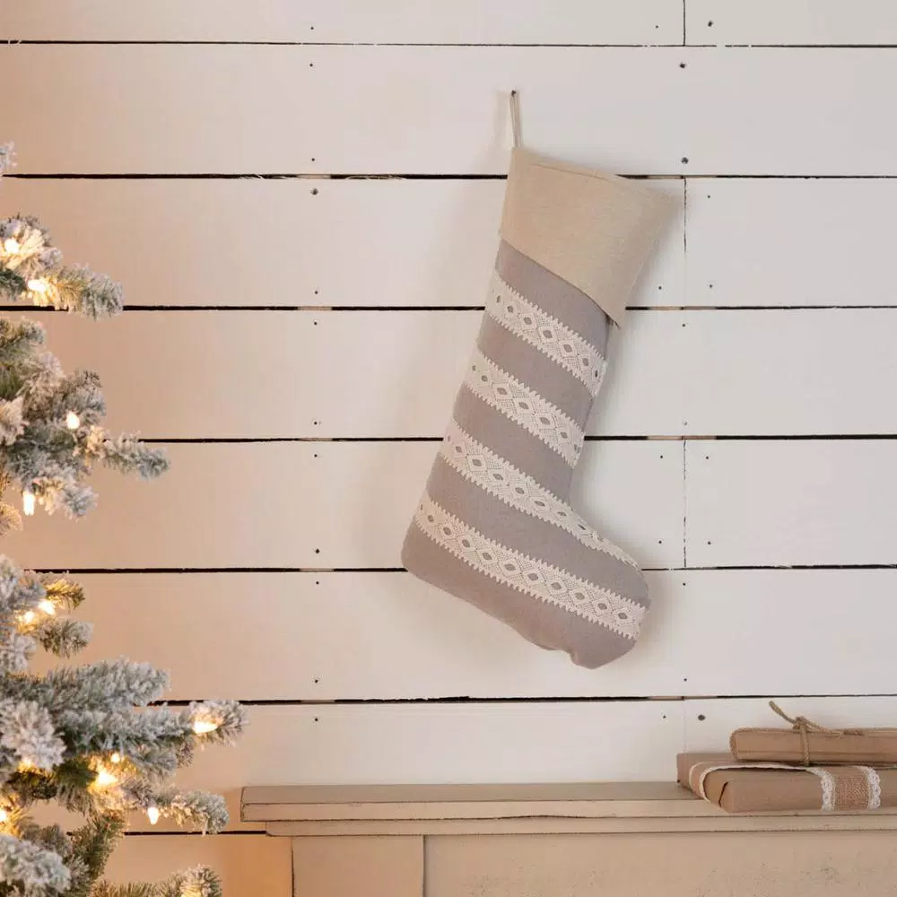 VHC Brands 20 in. Grey Margot Farmhouse Christmas Stocking with Diamond Pattern Lace