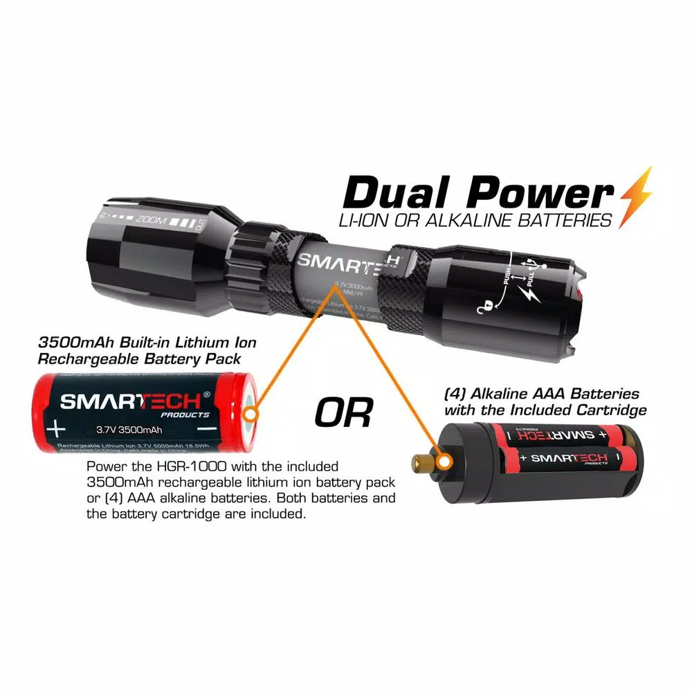 Smartech Products HGR-1000 1000 Lumens Dual Powered Rechargeable LED Flashlight and 3500 mAh Power Bank