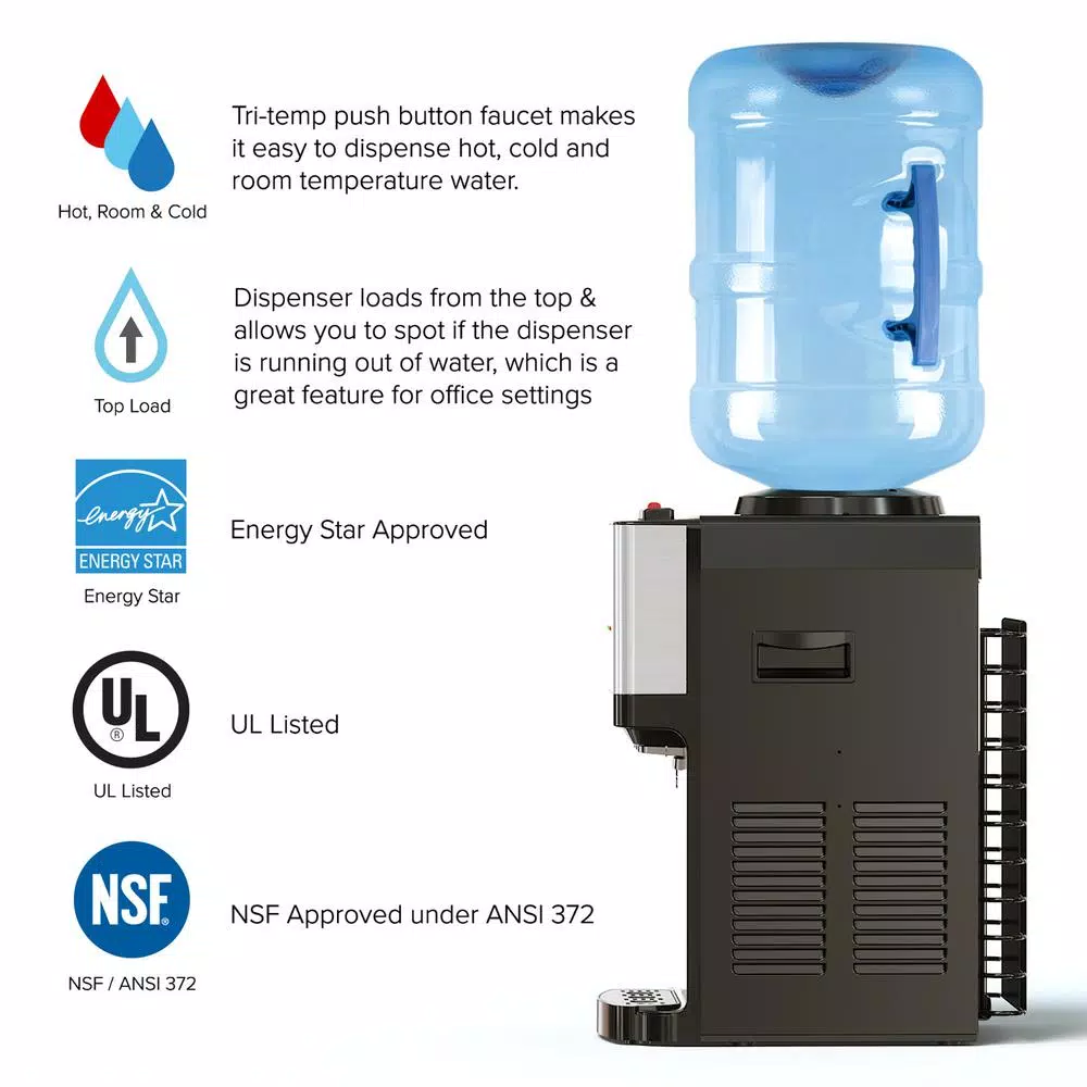 Brio Top Loading Countertop Water Cooler Dispenser with Hot, Cold & Room Temperature Water, Stainless Steel