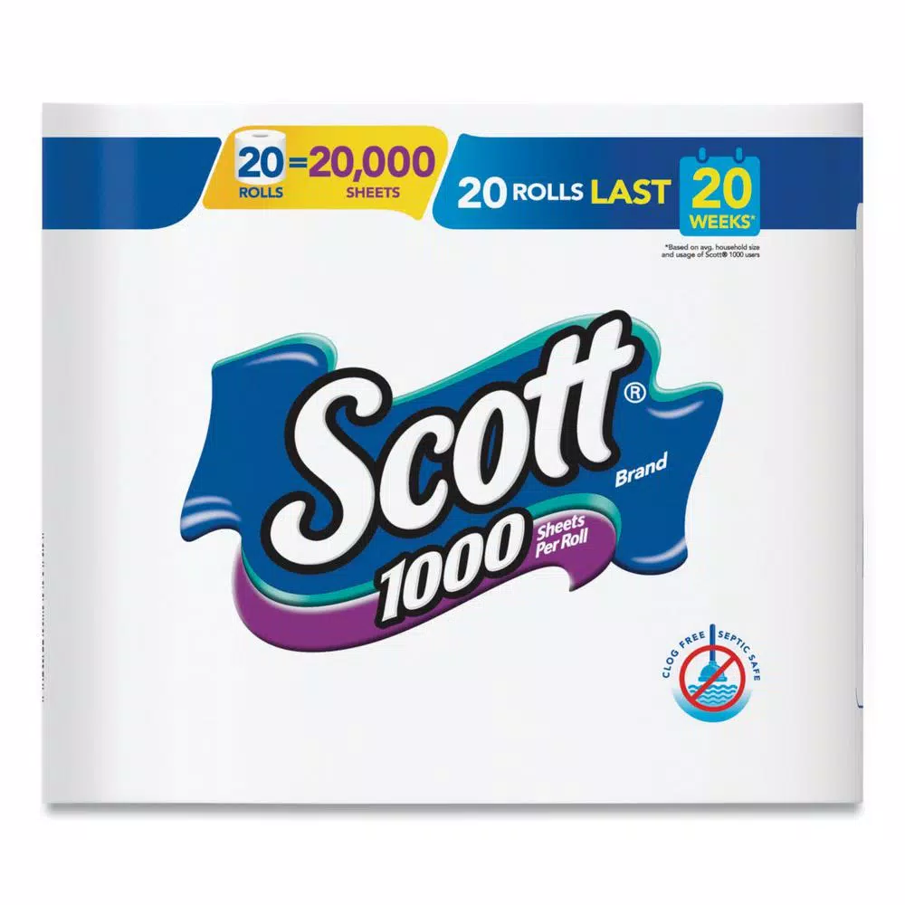 Scott 1-Ply Standard Roll Bathroom Tissue, 1000 Sheets Per Roll, 20 Rolls Per Pack