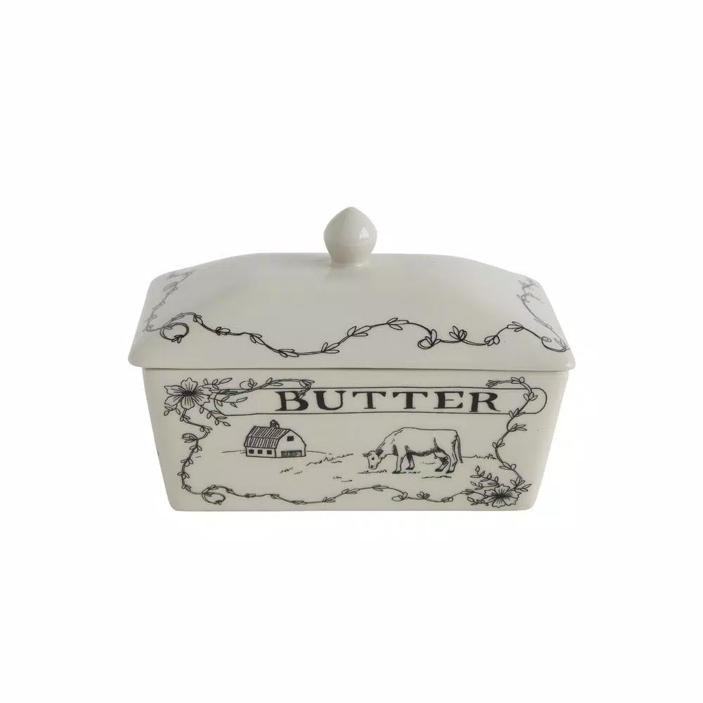 3R Studios White and Black Stoneware Butter Dish with Lid, Farm Scene Design